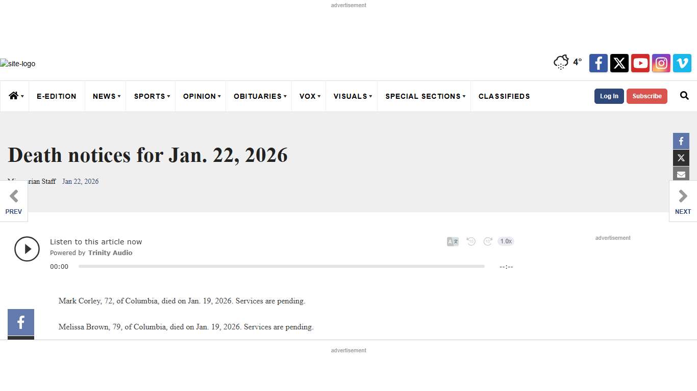 Death notices for Jan. 22, 2026 Obituaries columbiamissourian.com